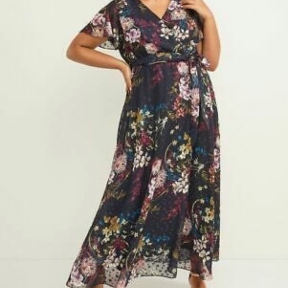LANE BRYANT FLORAL CHIFFON CLIP DOT SURPLICE MAXI DRESS - Picture 2 of 14